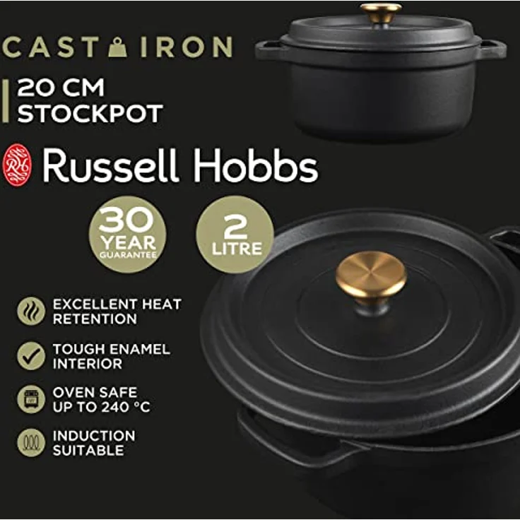 Russell Hobbs RH02524BEU7 Gusseisenhalstopf mit Deckel, 24cm ml, geeignet für Induktion, Chargenkocher für große Familien Suppen/Auflauf, ofenfest bis 240 °C, 3.4 l, ausgezeichnete Wärmespeicherung – Bild 2