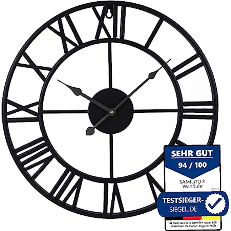 Samilito Große Wanduhr im Vintage-Stil, rund, geräuschlos, schwarz, 2cm Dicker Rahmen, Gratis EIN Extraset Uhrzeiger in Gold, Metalluhr für Lof Wohnzimmer, Schlafzimmer und Küchendekoration – Bild 4