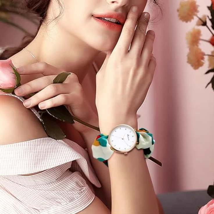JewelryWe Damenuhr mit elastischem Haarband, grün Floral Analog Quarz Armbanduhr für Damen und Mädchen, Multifunktionale Lässige Uhr – Bild 5