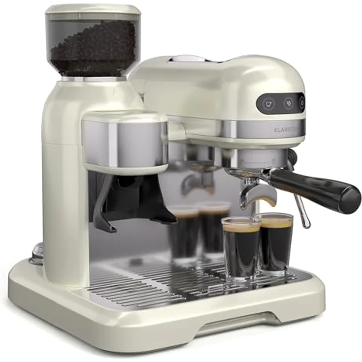 Klarstein Bella Café Siebträgermaschine Mit Mahlwerk – 19 Bar, 1550 W, 1,4 L, Milchaufschäumer, 2 Tassen, Thermo Block, Creme, Rostfreier Stahl – Bild 1
