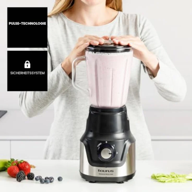Taurus MAGNUM PRESS 1500, Tischplatten-Mixer mit 1500 W, Edelstahlklingen und 1,5-Liter-Glasbehälter, Schwarz – Bild 6