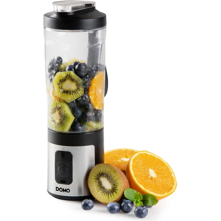 Domo DO751BL, Tragbarer Mixer mit 600 ml Tritan-Trinkflasche, 120 W, Eis-Crusher, Schwarz, Edelstahl