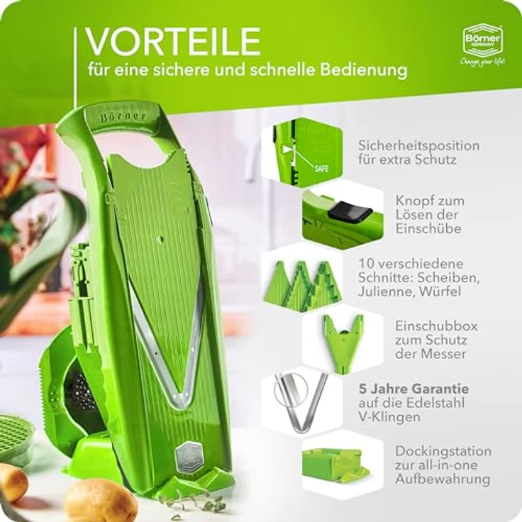 Börner Gemüsehobel V5 PowerLine Profi Set, Kunststoff, mit 2 Messereinschüben und Dockingstation grün – Bild 5