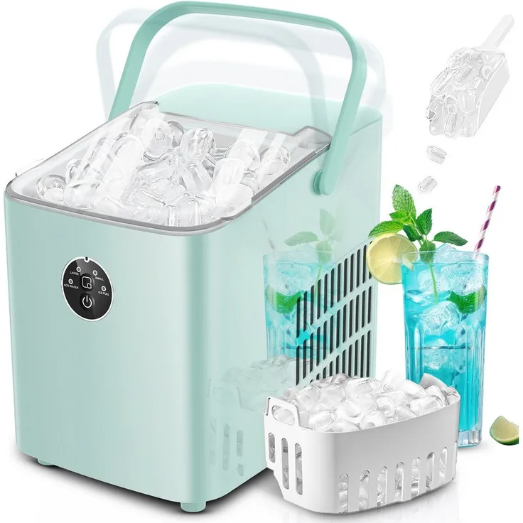 FOHERE Eiswürfelmaschine Klein, 14 kg/24h, 6 Min. Eis, 2 Größen, selbstreinigend, grün