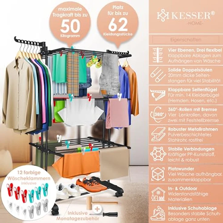 KESSER® Wäscheständer-Turm, platzsparender Wäschetrockner mit 4 Etagen, 2 drehbaren Seitenflügeln, 6 klappbaren Ebenen und 360° Rollen, für Innen & Außen, inkl. Klammern – Bild 2