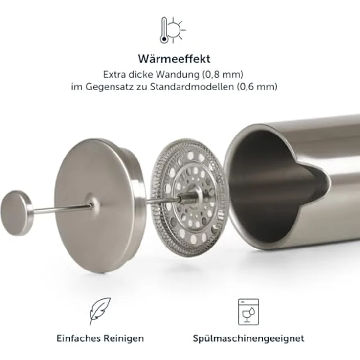 Blumtal French Press aus Edelstahl 600 ml (3 Tassen) - Thermo Kaffeebereiter doppelwandig isoliert mit Messskala inkl. Ersatzfilter & Anleitung, Spülmaschinengeeignet, Erhältlich in 3 Größen – Bild 5