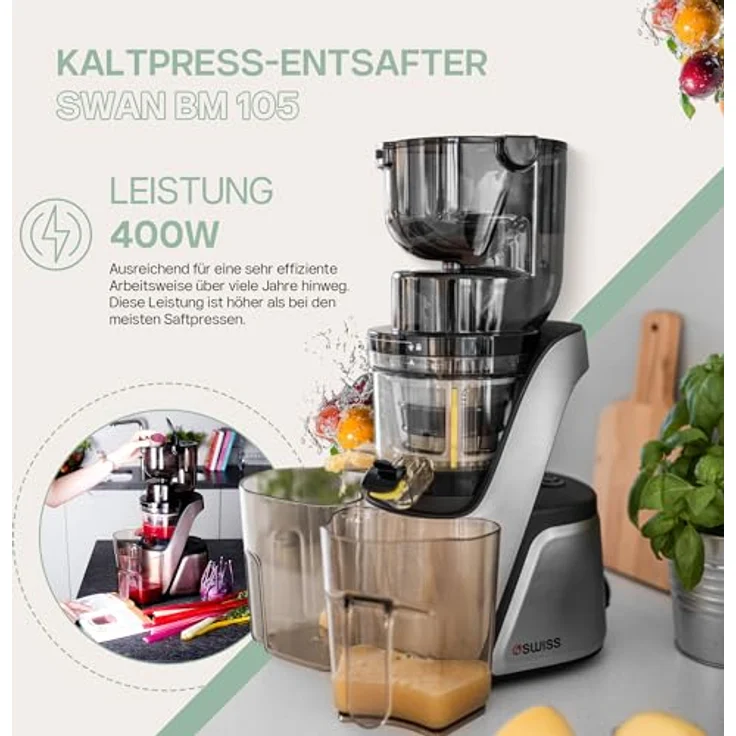 4Swiss Slow Juicer BM105, Entsafter in Silber mit 40 U/Min, Ultem-Schnecke, XXL-Einfüllschacht, leise, BPA-frei – Bild 2