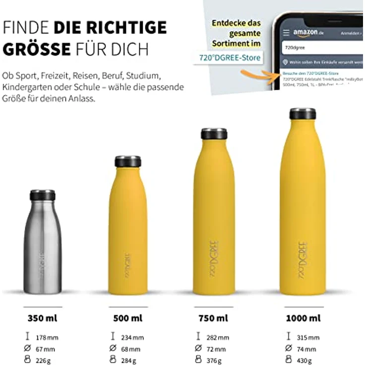 720°DGREE Edelstahl Trinkflasche “milkyBottle” - 1L, BPA-frei, auslaufsicher, kohlensäuregeeignet, für Sport und Outdoor, silber – Bild 3
