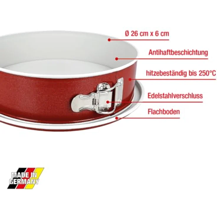 EUROHOME Springform rund Ø26 cm Antihaftbeschichtung - Backform mit Flachboden und Edelstahlverschluss - Backform Kuchen antihaft in Rot-Creme - Auflaufsichere Kuchenform Hitzebeständig bis 250° – Bild 3