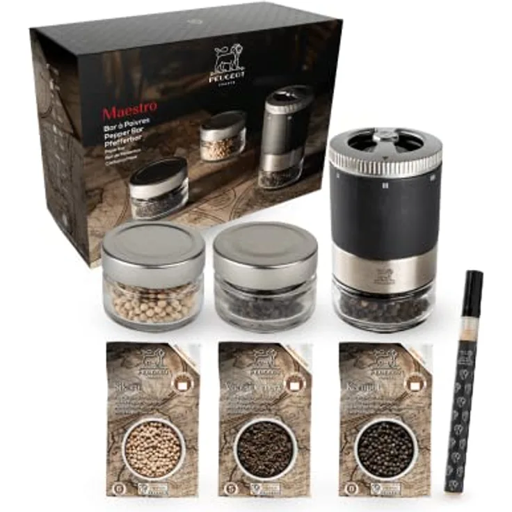 Peugeot MAESTRO uSelect Pfefferbar Geschenkset, Pfeffermühle, Pfeffer Mühle, Graphit, 11 cm inkl. drei Premium-Pfeffergläsern, 41748, Buchenholz
