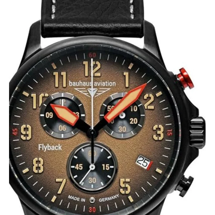 Bauhaus Herrenuhr Aviation Chronograph GMT Schwarz/Braun 2886-1, Lederarmband, Schweizer Quarzwerk – Bild 2