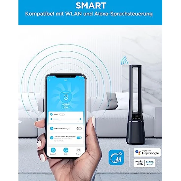 Midea MFP-120i (BL) 2 in 1 Turmventilator Leise 38dB Luftreiniger H13 True HEPA auf 47.6 ㎡ LED Display Fernbedienung Oszillation 12H Timer Kompatibel für Wireless Connection App Alexa Google – Bild 2