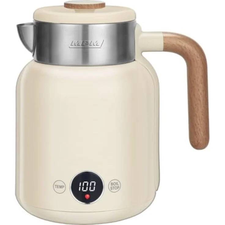MPM Doppelwandiger Wasserkocher 1,5 Liter Retro Woodlook, Temperaturregelung 40-100°C, 2200W, digitale Anzeige, Edelstahl (Weiß) – Bild 1