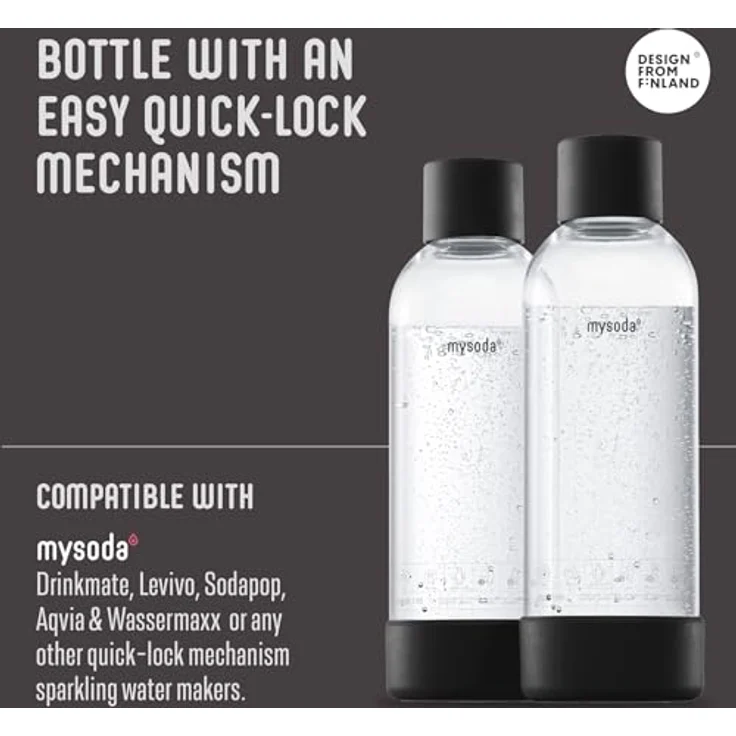 Mysoda: Wiederverwendbare Plastik Wasserflasche (BPA-frei) Wassersprudler mit Quick-Lock, Deckel und Boden aus Holzkomposit - Schwarz – Bild 2