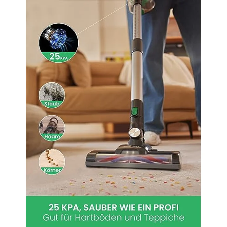 Vactidy Blitz V8 Akku Staubsauger Kabellos, 25KPa Kabelloser Staubsauger Mit abnehmbarem Akku, Akkustaubsauger bis zu 35min Laufzeit, Staubsauger Tierhaare für Hartholzböden – Bild 3