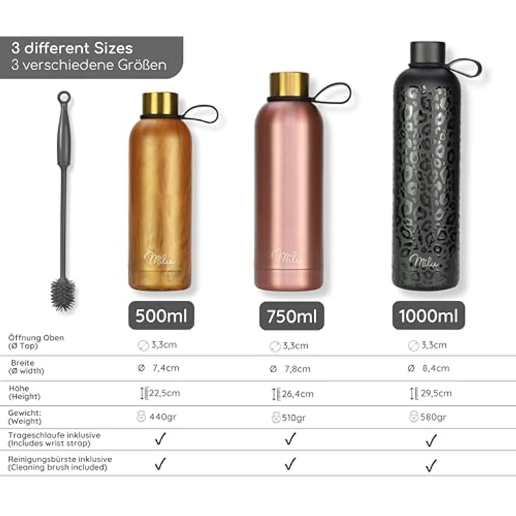 Milu Thermosflasche 500ml, Edelstahl doppelwandig, auslaufsicher, kohlensäuregeeignet, inkl. Reinigungsbürste, Diamond-Sand – Bild 4