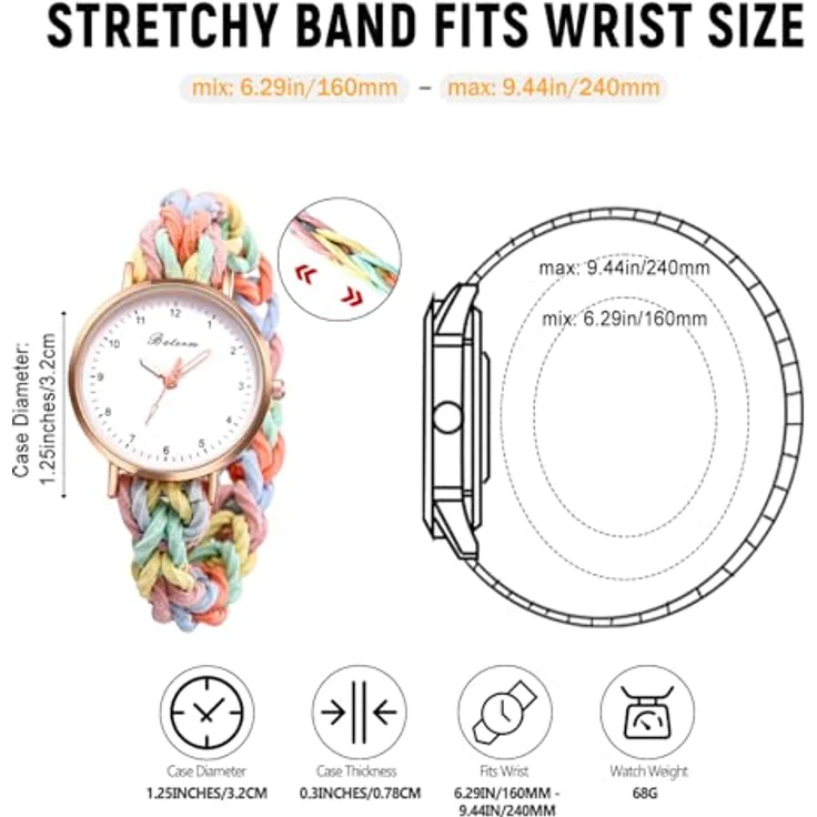 JewelryWe Damenuhr, Elastisches Haarband Uhr mit Bunt Geflochtenem Stretch Wickelarmband, Analog Quarz, Multifunktionale Casual Uhr für Frauen und Mädchen – Bild 5