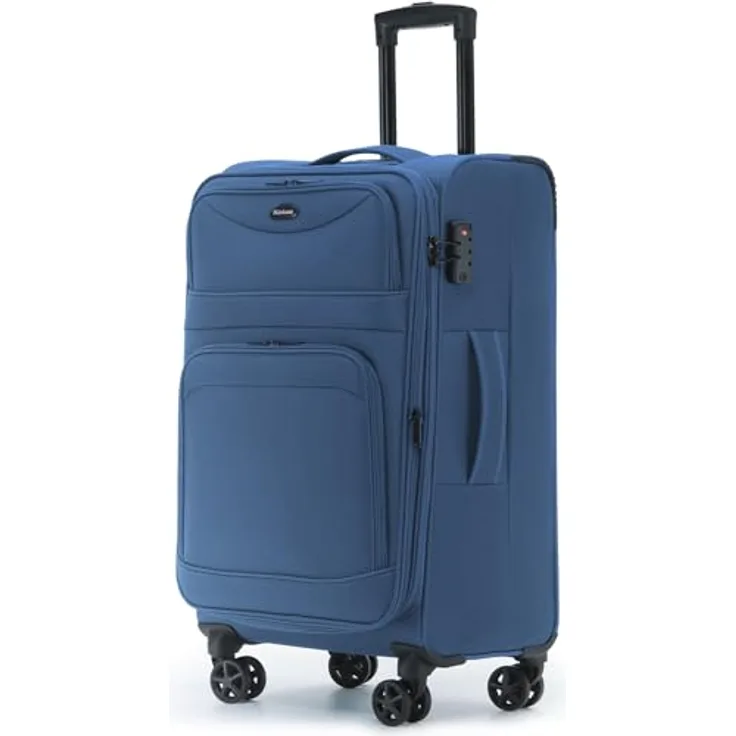 Münicase Stoffkoffer L (69 cm) erweiterbar, 15% Extra-Volumen, TSA-Schloss, 360° Doppelrollen, Dunkelblau mit Frontfächern und verdecktem Namensschild