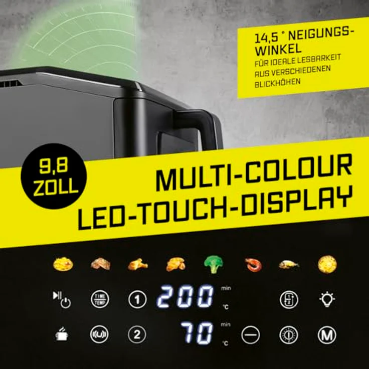 GOURMETmaxx FryUp vertikale Doppelkammer Heißluftfritteuse, 10 L mit Sichtfenster, 9,8 Zoll Multi-Colour LED-Touchdisplay, 11 Programme, Oberhitze und fettarme Zubereitung – Bild 5
