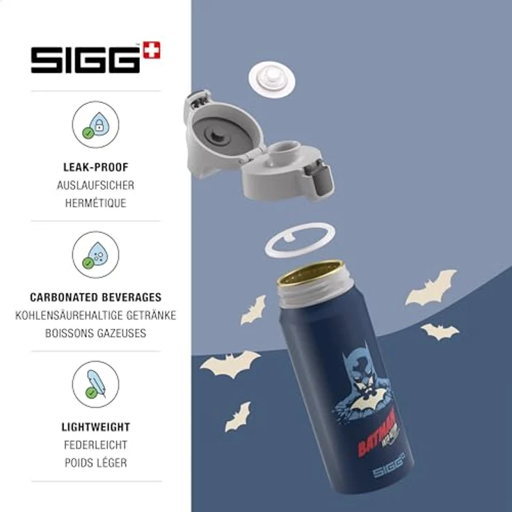Sigg Trinkflasche, Aluminium, 0,6 L, Blau, auslaufsicher und kohlensäuregeeignet mit Batman-Motiv – Bild 3