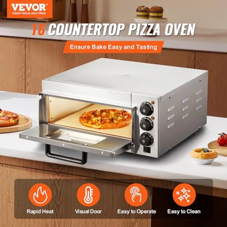 VEVOR Kommerzieller Pizzaofen FY-EP-1, elektrischer Edelstahl-Pizzaofen mit 406 mm Durchmesser, intelligente Temperatur- und Zeitsteuerung, Silber – Bild 2