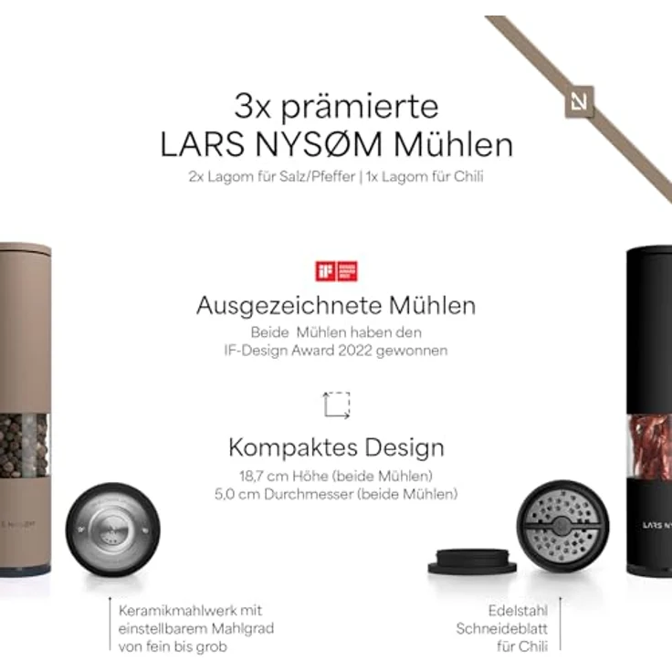 LARS NYSØM Gewürzmühlen & Gewürze Geschenkset - Salz & Pfeffermühlen Set mit Chilimühle & 3 Gewürzdosen - Brown/Beige/Black – Bild 3