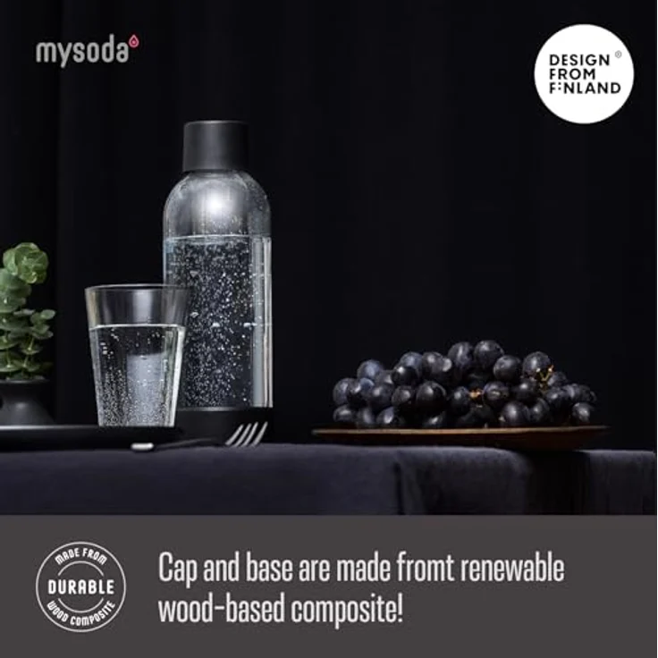 Mysoda: Wiederverwendbare Plastik Wasserflasche (BPA-frei) Wassersprudler mit Quick-Lock, Deckel und Boden aus Holzkomposit - Schwarz – Bild 3