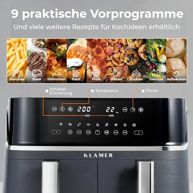 KLAMER Heißluftfritteuse Duo 9 L, Doppelkammer Airfryer mit 2 Körben, Digitaldisplay, 10 Automatikprogrammen, Dual-Funktion, Timer und 3000 W Heißluft-Zirkulation – Bild 3