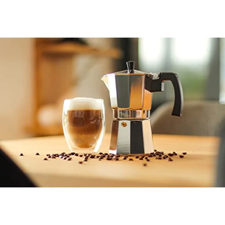Milu Espressokocher (No Induktion) | 2, 3, 6, 9 Tassen| Aluminium Mokkakanne, Espressokanne, Espresso Maker Set inkl. Untersetzer, Löffel, Bürste (Aluminium, 2 Tassen (100ml) – Bild 5