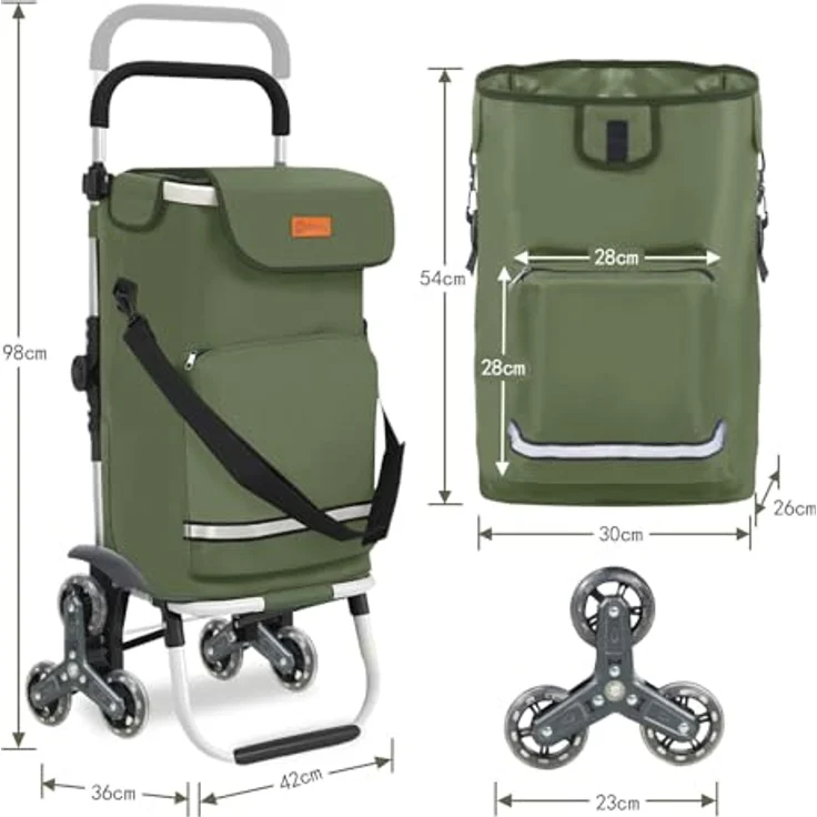 Sekey Einkaufstrolley Klappbarer Einkaufswagen 3-in-1 mit Kühlfach, Treppensteiger, 42 l, Dunkelgrün, inkl. Einkaufschip und Spanngurt – Bild 3