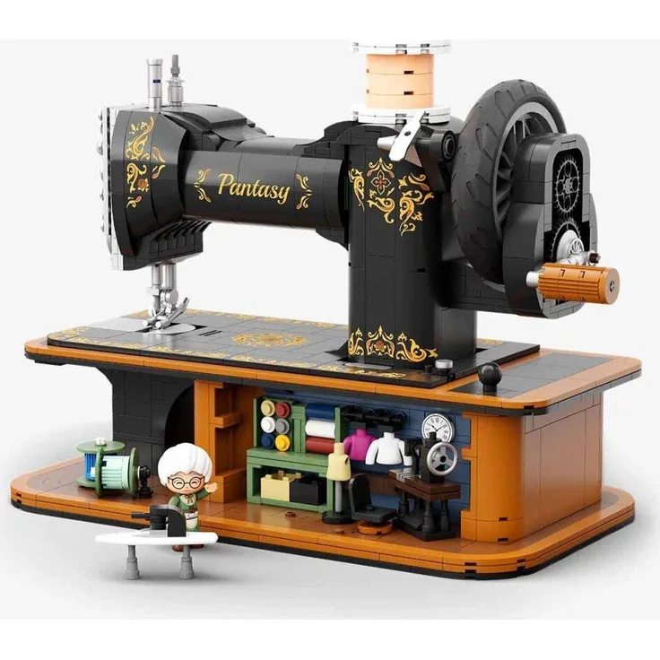Pantasy 85028 Hand Crank Sewing Machine, Vintage Nähmaschine mit goldenen Ziermustern auf schwarzem Untergrund und detailreicher Innenszene