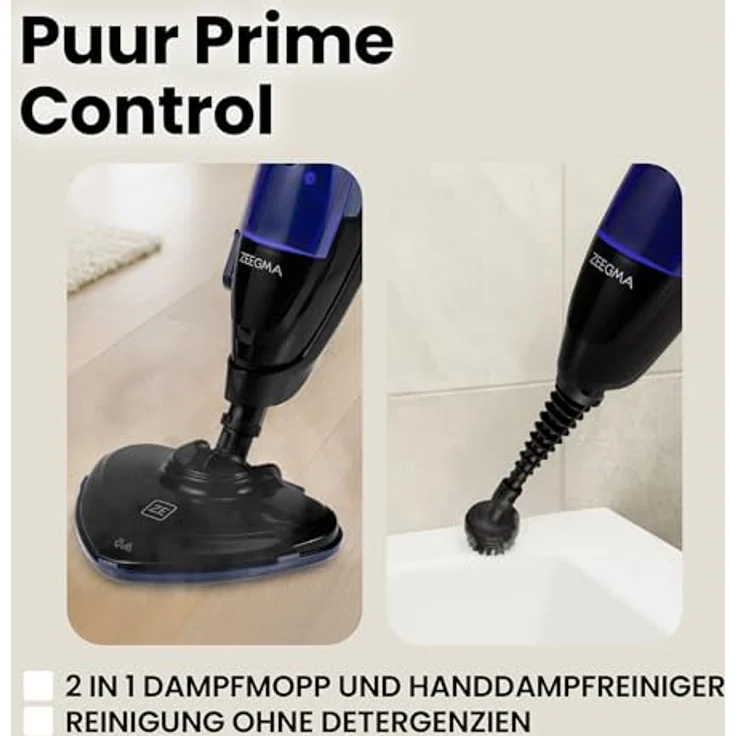 Zeegma Dampfmopp Handdampfreiniger Puur Prime Control, 13 in 1 Düsenset, reinigungsmittelfreie Reinigung, klappbar, 1500 W, 400 ml, ideal für Böden, Teppiche, Fliesen und Fenster – Bild 4