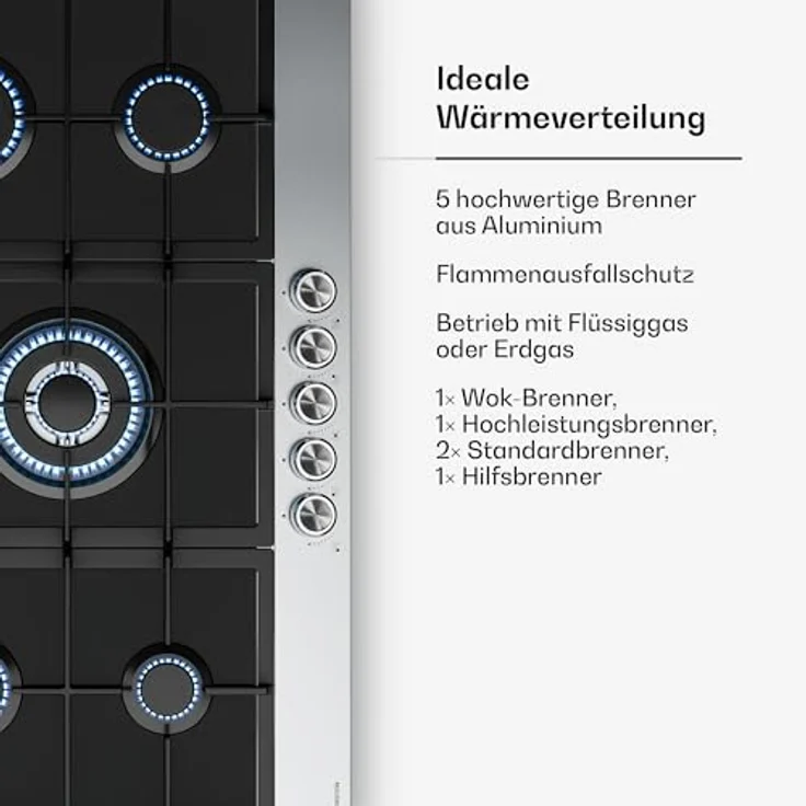 Klarstein Verosteel Gaskochfeld, 90cm 5-Brenner Kochfeld, Glas & Edelstahl, 10400W, Flüssiggas/Erdgas, elektrische Zündung, Flammenausfallschutz – Bild 5