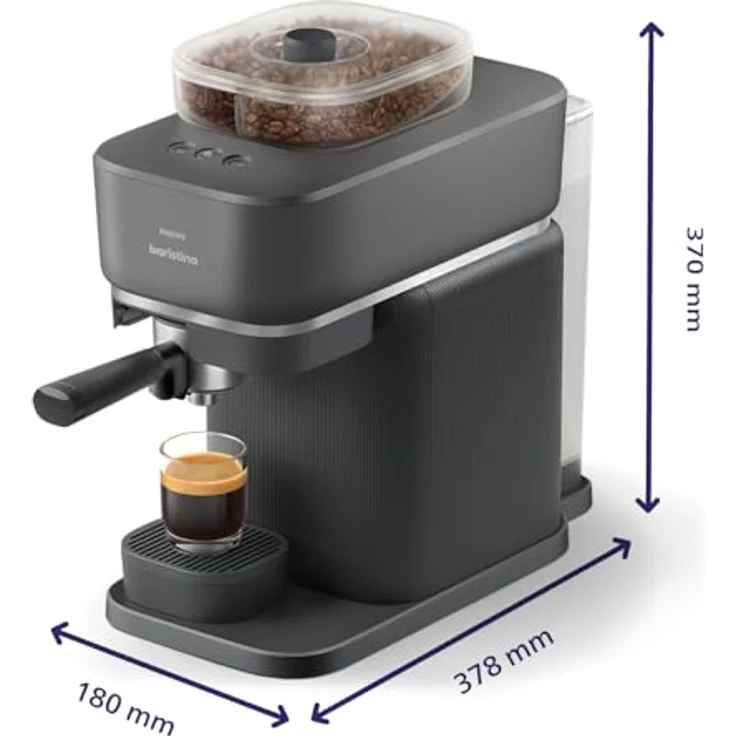 PHILIPS baristina BAR320/60 Espressomaschine mit Bean swap, Mahlwerk für ganze Bohnen, doppelter Bohnenbehälter, 16 bar Pumpendruck, Schwarzgrau – Bild 11