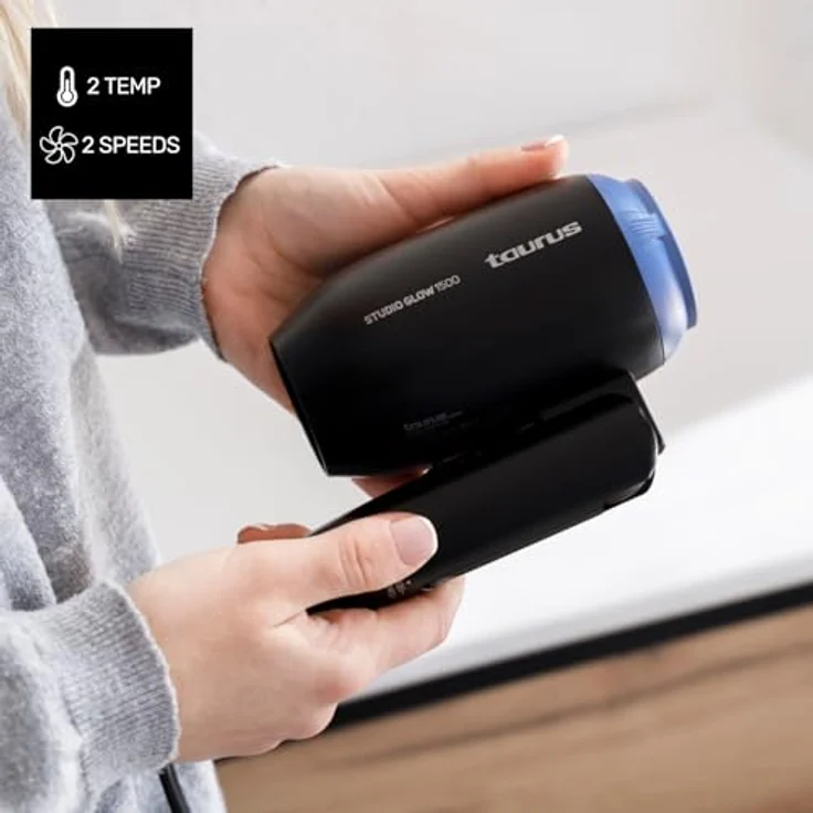Taurus Studio Glow 1500, Haartrockner mit 1400 Watt, drei Wärmestufen, zwei Gebläsestufen, einklappbarer Griff, Schwarz – Bild 3