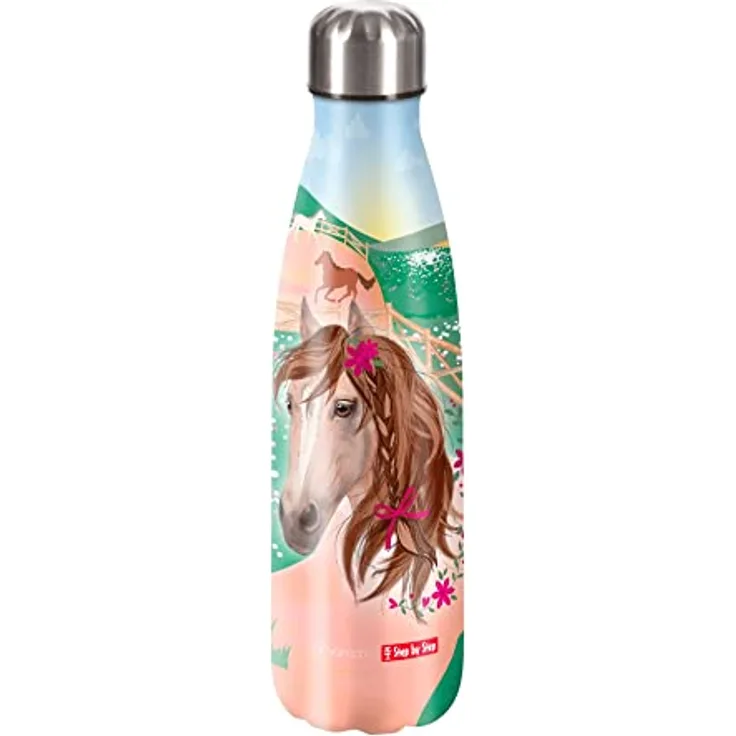 Step by Step Trinkflasche, Insulated Edelstahl mit verspieltem Pferde-Motiv, 0,5 l, BPA-frei, mehrfarbig