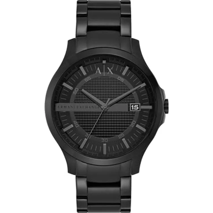 Armani Exchange Uhr für Herren , Dreizeiger-Datumswerk, 46 mm schwarzes Edelstahlgehäuse mit Edelstahlarmband, AX2104