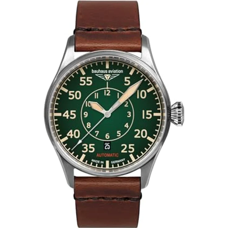Bauhaus Herrenuhr Aviation CT-BHA Automatik Braun/Grün 2756-4, Lederarmband, grünes Zifferblatt und Edelstahlgehäuse – Bild 1