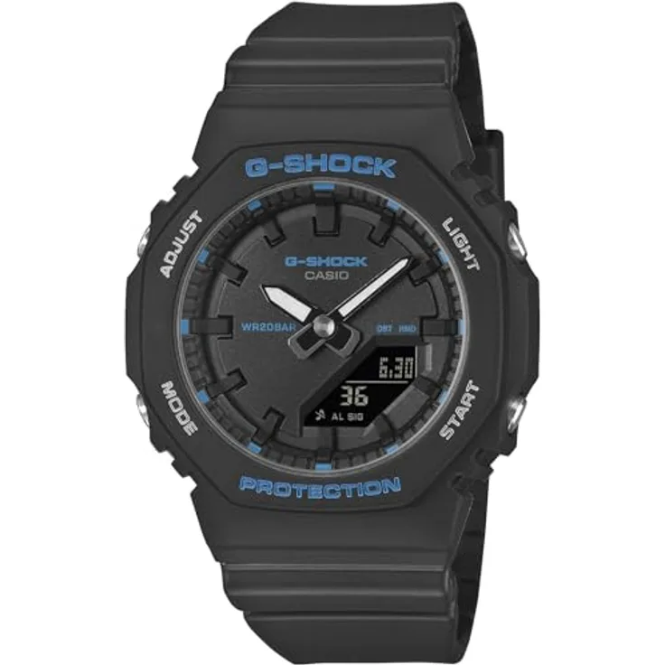 Casio GMA-P2100BA-1AER, Damenuhr mit Analoguhr und Digitalfunktionen, schwarzes Gehäuse und Armband, wasserdicht bis 20 bar