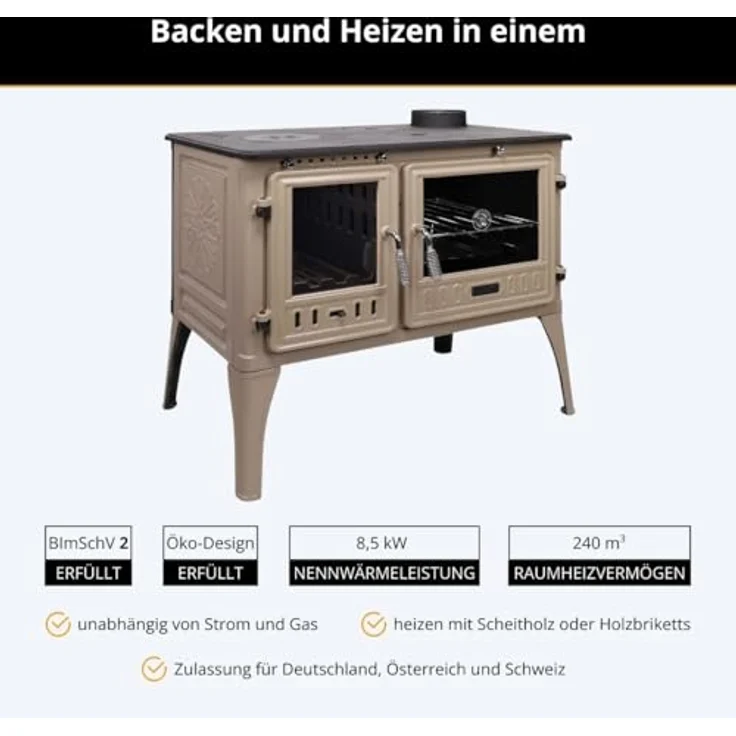 365 Küchenherd Cook Lite, emailliert in Beige, 8,5 kW Gusseisen mit Sichtscheibe und Thermometer – Bild 2