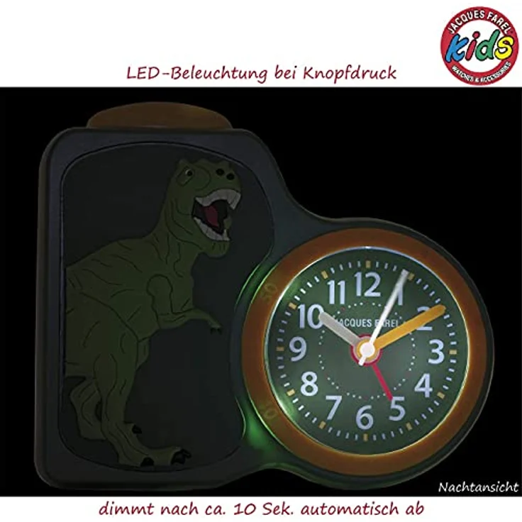 Jacques Farel Kinderwecker ACB 06, Quarzwecker mit Dinosaurier-Motiv, orange/grün, lernfreundlich und batteriebetrieben – Bild 4