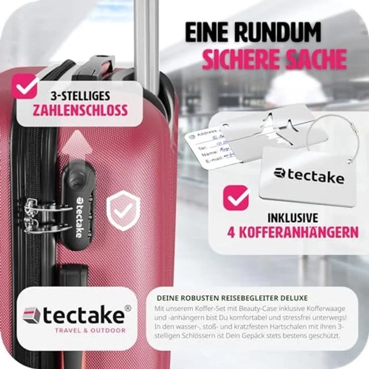 tectake® 4-teiliges Reisekoffer Kofferset inkl. Kofferwage und Gepäckanhänger, 360° Rollen, Hartschalenkoffer mit Zahlenschloss, Koffer groß, ineinander stapelbar, Trolley Handgepäck - weinrot – Bild 5