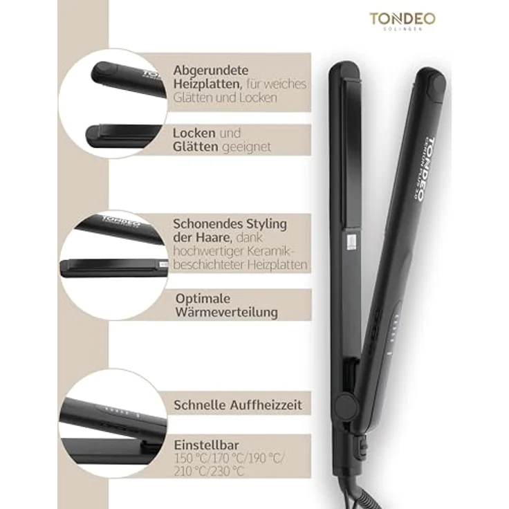 Tondeo Cerion PLUS 3.0 Glätteisen, Temperaturverstellung, max. 230 °C, Keramikbeschichtung, Abschaltautomatik, schwarz – Bild 2