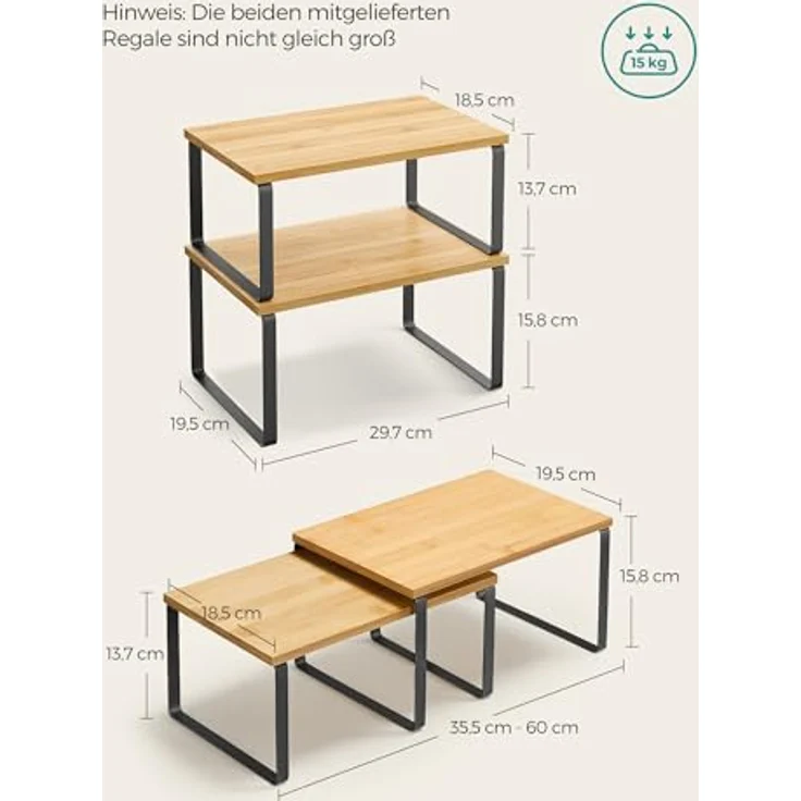 SONGMICS Gewürzregal, 2er Set Küchen-Organizer, Küchenregal, Schrank-Organizer Küche, erweiterbar, kleines Regal, stapelbar, Metall und Holzwerkstoff, tintenschwarz-naturbeige KCS02NB – Bild 2