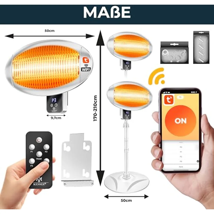 KESSER® Infrarot Heizstrahler 2000W, Terrassenstrahler mit WIFI & Fernbedienung, 360° drehbar, höhenverstellbar, IPX4 spritzwassergeschützt, Stand- & Wandmontage, für Balkon & Garten – Bild 4