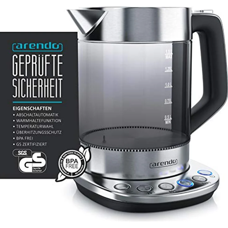Arendo Rauchglas Glas-Wasserkocher mit Temperatureinstellung, 2200W, 1,5L, Edelstahl, Warmhaltefunktion – Bild 4
