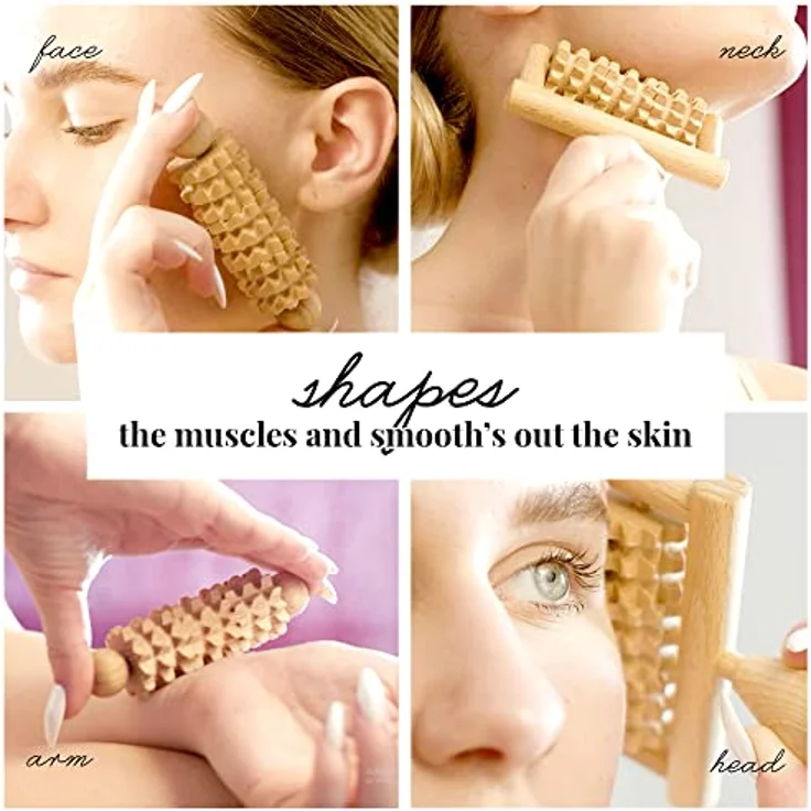 Tuuli Accessories Gesichtsmassager Gesicht Facial Massage Massagegerät Kopf Massageroller Roller mit Griff Maderotherapie Dermaroller Set aus Holz – Bild 4