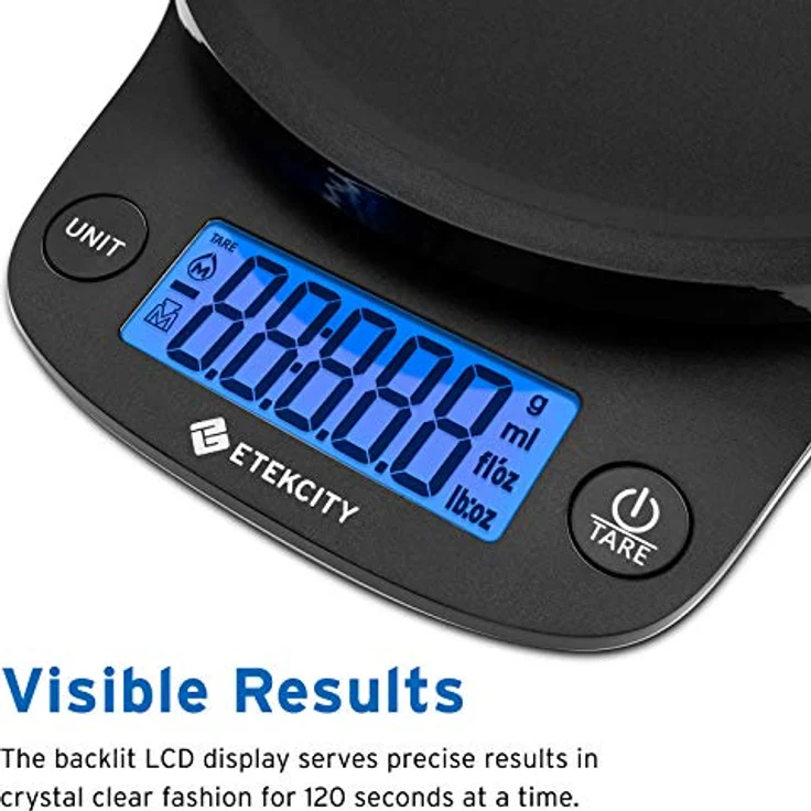 Etekcity Digitale Küchenwaage, Professionelle Präzision auf bis zu 0,1g x 5Kg, Feinwaage mit Tare-Funktion, Briefwaage mit LCD-Display, Digitalwaage zum Lebensmittel Schmuck, Schwarz – Bild 4