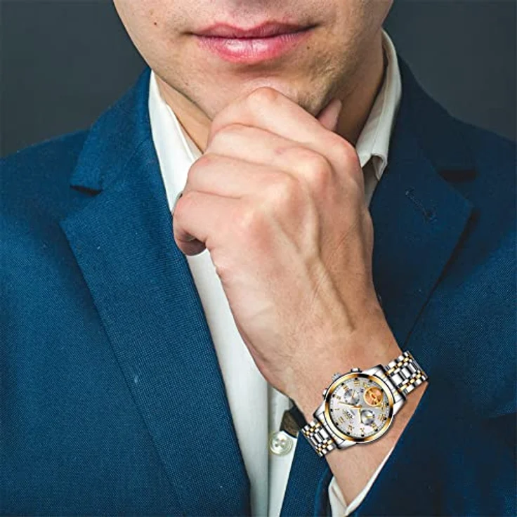 JewelryWe Herrenuhr Edelstahl Quarz Analog, 30M wasserdicht mit römischen Ziffern, Kalender und leuchtenden Zeigern, Gold/Silber – Bild 4