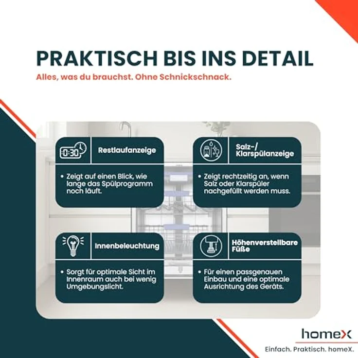 homeX DWFI601442A Geschirrspüler 60 cm, vollintegrierbar, 14 Maßgedecke, 8 Programme, leise mit 42 dB, Energieeffizienzklasse A – Bild 11